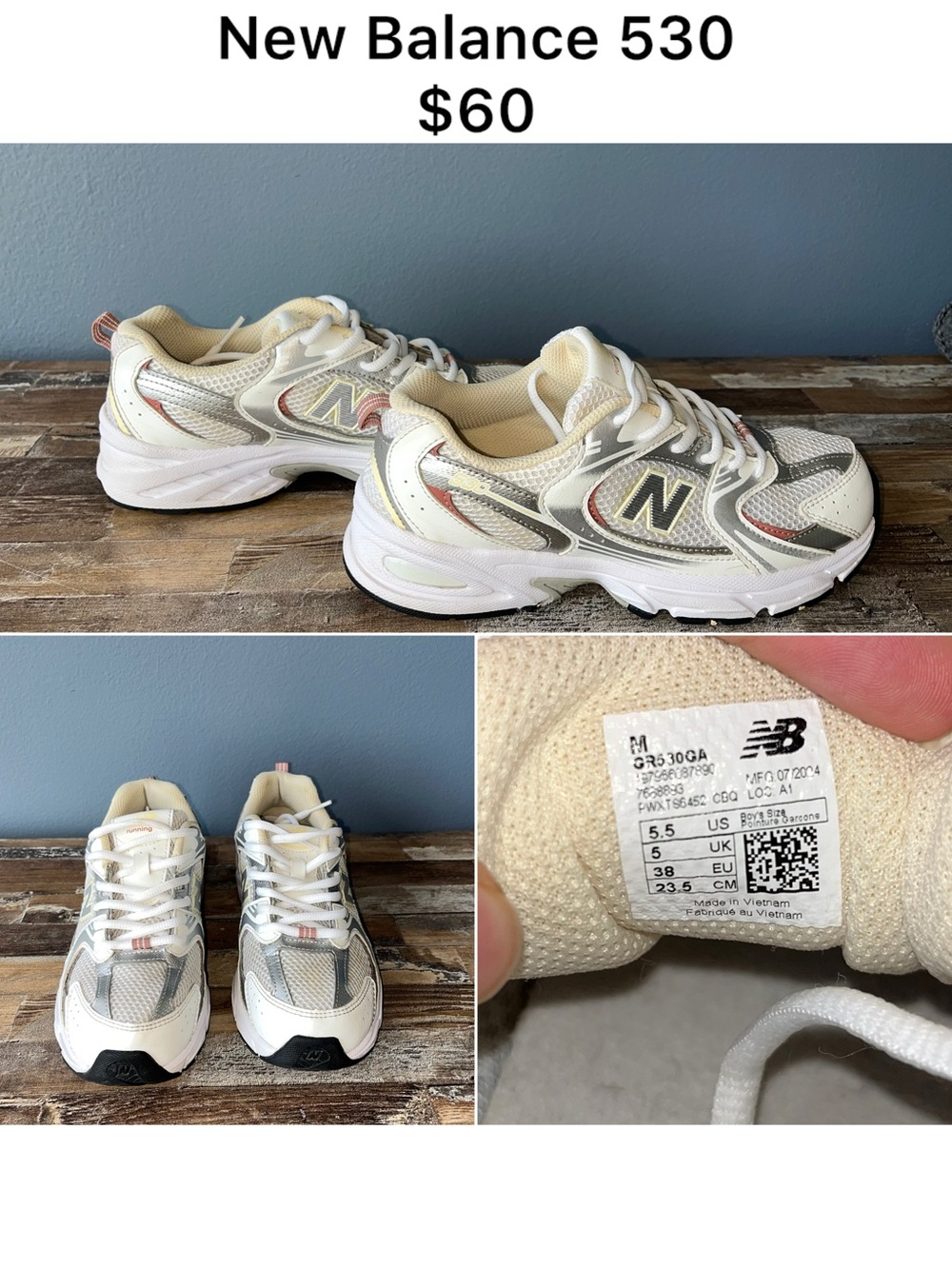 New Balance Kids 530 Cream, White & Light Pink Sneakers